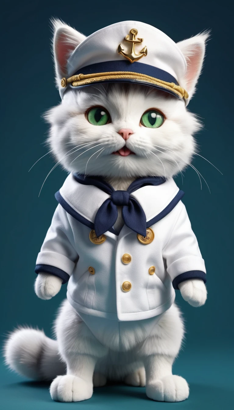 Plush white fluffy , like garnostai, Sailor Cat,   Stands on its hind legs, full length, in full white naval uniform, Jacket, trousers,boots, white cap on head with blue ribbons, sailor&#39;s,  
blue doll eyes with big eyelashes, smiles with his mouth open, with my paws spread out to the sides, 3D стиль, 8k , 4K, HD, Pure green background,  
