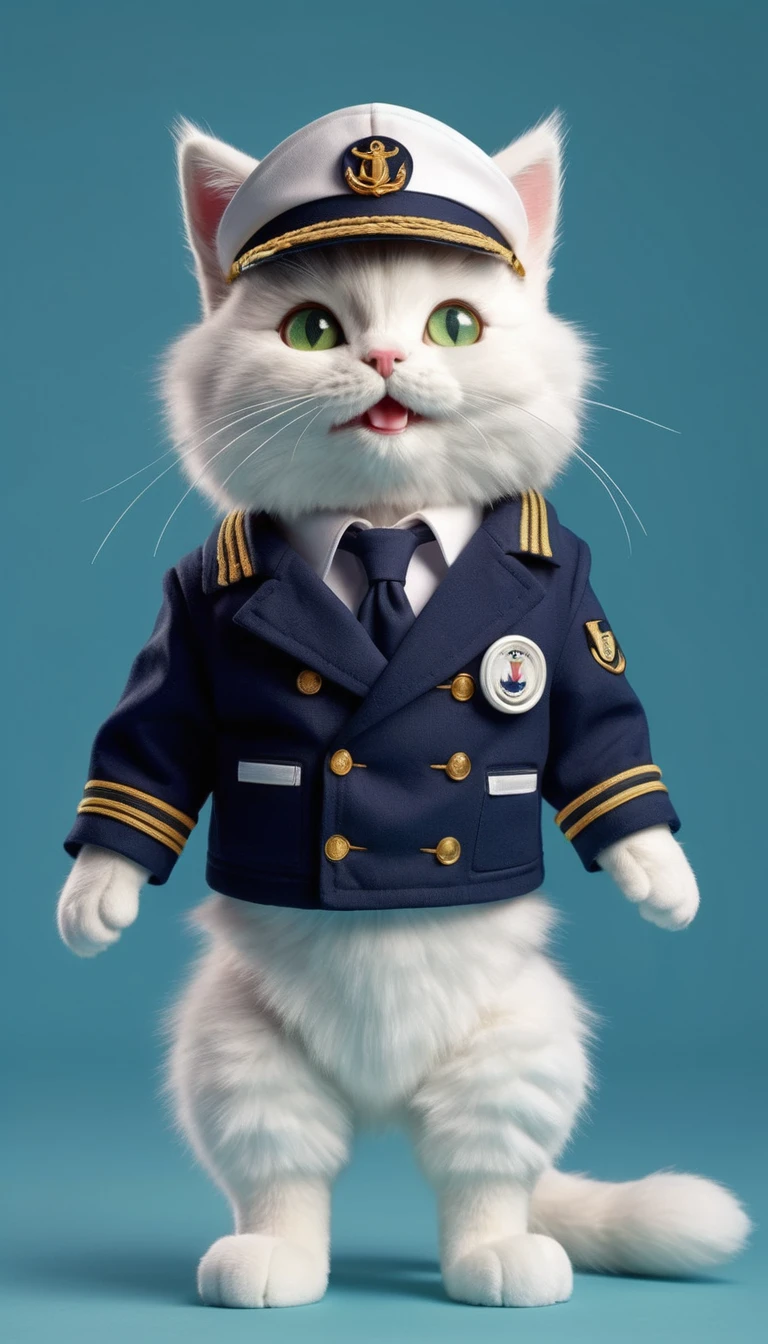 Plush white fluffy , like garnostai, Sailor Cat,   Stands on its hind legs, full length, in full white naval uniform, Jacket, trousers,boots, white cap on head with blue ribbons, sailor&#39;s,  
blue doll eyes with big eyelashes, smiles with his mouth open, with my paws spread out to the sides, 3D стиль, 8k , 4K, HD, Pure green background,  
