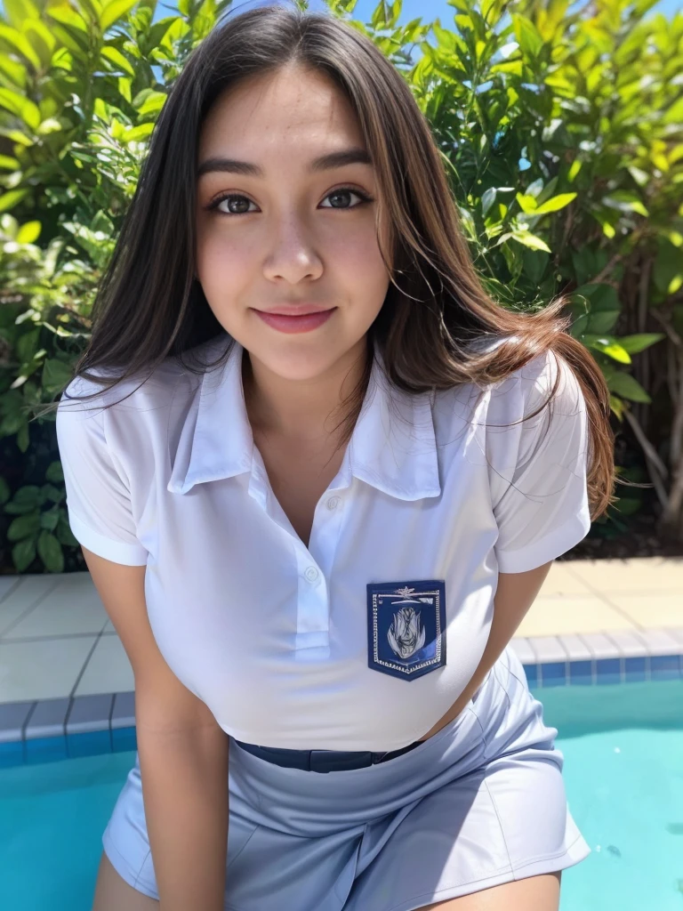 1girl, solo, (uniform), standing, in a pool arena, face at center frame, scene, detailed face, seductive smile, detailed eyes, thick breasts, smooth skin, tight white shirt, grey blue short skirt, looking at the audience, low angle shot,(8k, RAW photo, best quality, masterpiece: 1.2), (realistic, realistic: 1.37), ultra-high resolution