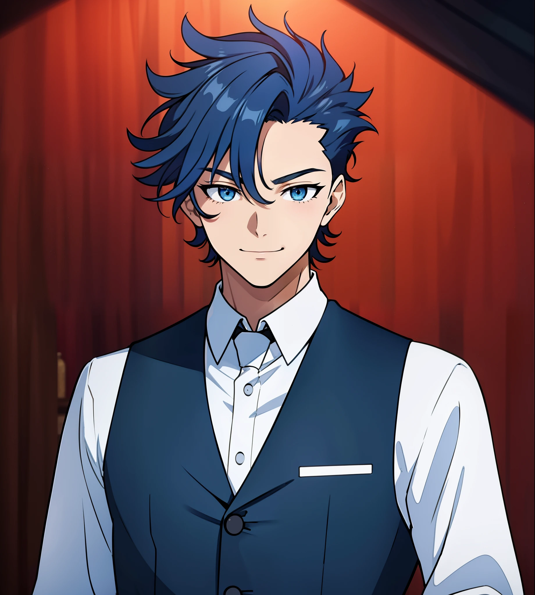 anime boy, bartender, happy expression, holding glass, smiling, dark blue hair, blue eyes, red clothes, white shirt, (beautiful and aesthetic:1. 5), thick black lineart, clean lineart, perfect lineart, moody lighting, gritty, intense, sharp lineart, best quality, high quality, best quality, ultra-detailed, saturated colours, HD,