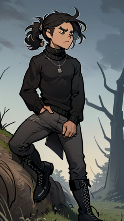 (detailed), (((normal guy))), (Arabic characteristics), ((brown sheepskin jacket)), ((pelo negro rizado ponytail hairstyle)), ((ponytail hairstyle)), (calm face), ((by the width)), ((black high boots)), (((whole body))), ((in the middle of a field leaning on a tree), ((male)), (black turtleneck sweater), ((only one person)), (at night)