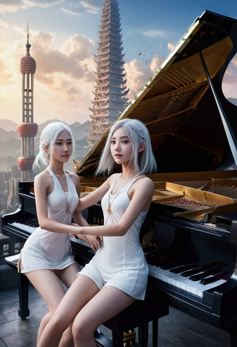 two girls, a girl holding a piano, A girl holds a pipa, white hair, xianxia fantasy, CG social popularity, china tower, Foreground Floating, hair loose, Motion blur, movie lighting, Blurred foreground, Motion line, high detail, 16K, High resolution, textured skin, Super detailed，nude