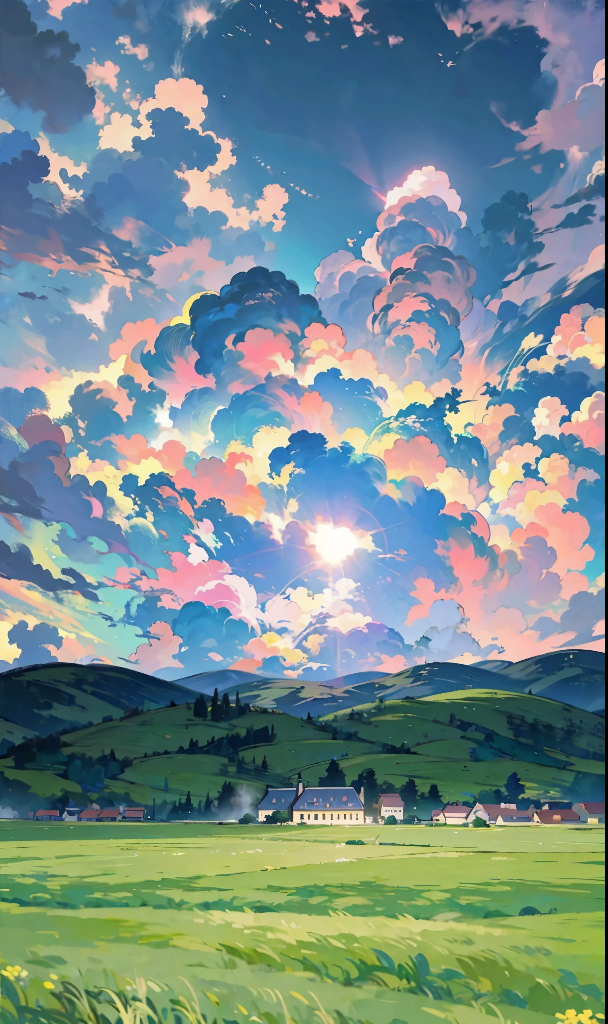 A makoto shinkai style background of a village with rainbow color cloud
