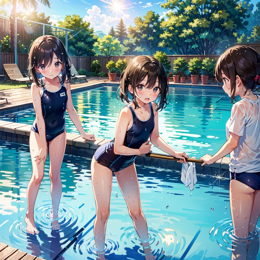 {{{Masterpiece}}}, {{{Highest quality}}}, {{Super detailed}}, Summer wallpaper, 3 girls, 6 years old, (young: 1.8), school swimsuit, bare feet, empty pool, pool, water, outdoor, wet, sky, standing, leaning forward, reflection, wet clothes, water drops, lens flare, holding cleaning brush, wet hair, strong sunlight, round Eyes, droopy eyes, sparkling long brown hair, (cleavage: 0.8), side view