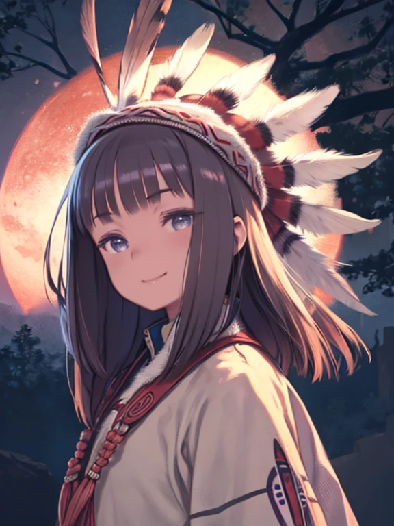 (granular:0.5), Cinematic, girl,Native American,Fantasy,(alone:1.3), Detailed eyes, Detailed face, detailed Native American clothing , Volumetric lighting, evening, Highly detailed background, Stand next to a tree, smile, Half closed eyes, Tilt your head, From the side