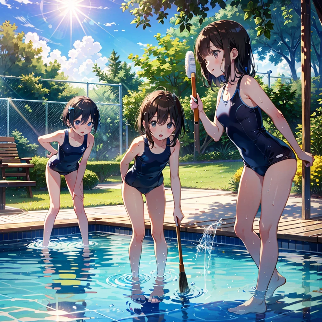 {{{Masterpiece}}}, {{{Highest quality}}}, {{Super detailed}}, Summer wallpaper, 3 girls, s old, (young: 1.8), school swimsuit, bare feet, empty pool, pool, water, outdoor, wet, sky, standing, leaning forward, reflection, wet clothes, water drops, lens flare, holding cleaning brush, wet hair, strong sunlight, round Eyes, droopy eyes, sparkling long brown hair, (cleavage: 0.8), side view