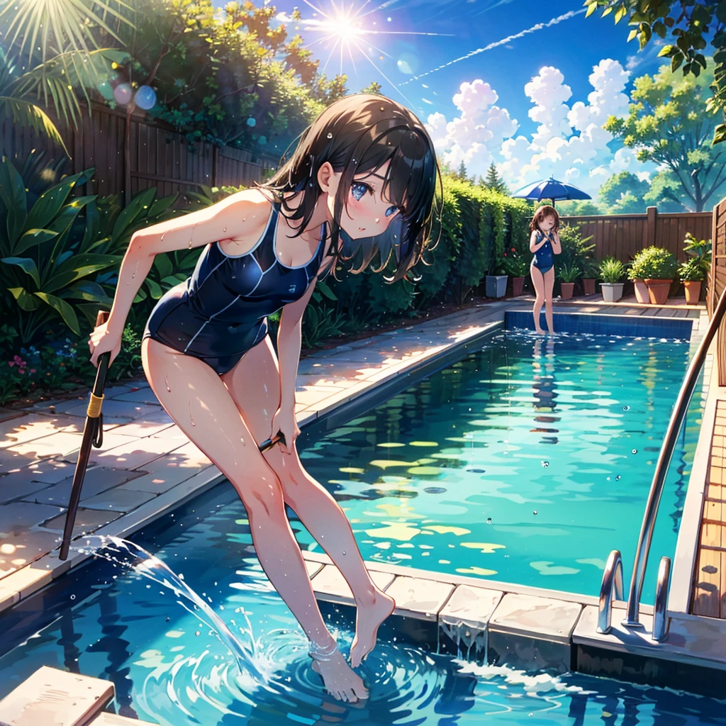{{{Masterpiece}}}, {{{Highest quality}}}, {{Super detailed}}, Summer wallpaper, 3 girls, , (young: 1.8), school swimsuit, bare feet, empty pool, pool, water, outdoor, wet, sky, standing, leaning forward, reflection, wet clothes, water drops, lens flare, holding cleaning brush, wet hair, strong sunlight, round Eyes, droopy eyes, sparkling long brown hair, (cleavage: 0.8), side view