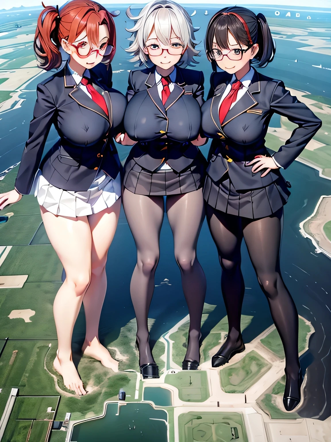 multiple girls, 3girls, standing, giantess art, highly detailed giantess shots, giantess, most detailed, perfect face, Two legs, Five fingers, short hair, A high school girl who is bigger than a skyscraper, Wearing rimless glasses, smile, huge breasts, Navy blazer, Red tie, mini skirt,  black pantyhose, no shoes on, toes visible through pantyhose, Steam coming out from the soles of my feet,  seaside metropolis, numerous miniature warships on the sea, Destroying cities, Under heavy attack, A very small big city, Miniature metropolis, Full body description, GTS, giga giantess, stomping city, crash city, tiny city, micro city, pantyhose feet, High resolution, highest quality, masterpiece, 