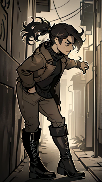 (detailed), (((normal guy))), (Arabic characteristics), ((brown sheepskin jacket)), ((pelo negro rizado ponytail hairstyle)), ((ponytail hairstyle)), (calm face), ((by the width)), ((black high boots)), (((whole body))), ((in a dark alley)), ((male)), (black turtleneck sweater), ((only one person)), (at night)