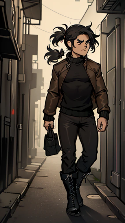 (detailed), (((normal guy))), (Arabic characteristics), ((brown sheepskin jacket)), ((pelo negro rizado ponytail hairstyle)), ((ponytail hairstyle)), (calm face), ((by the width)), ((black high boots)), (((whole body))), ((in a dark alley)), ((male)), (black turtleneck sweater), ((only one person)), (at night)