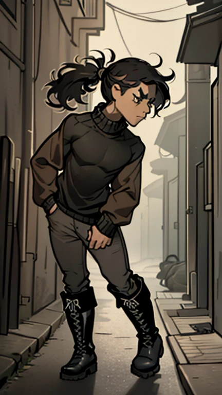(detailed), (((normal guy))), (Arabic characteristics), ((brown sheepskin jacket)), ((pelo negro rizado ponytail hairstyle)), ((ponytail hairstyle)), (calm face), ((by the width)), ((black high boots)), (((whole body))), ((in a dark alley)), ((male)), (black turtleneck sweater), ((only one person)), (at night)