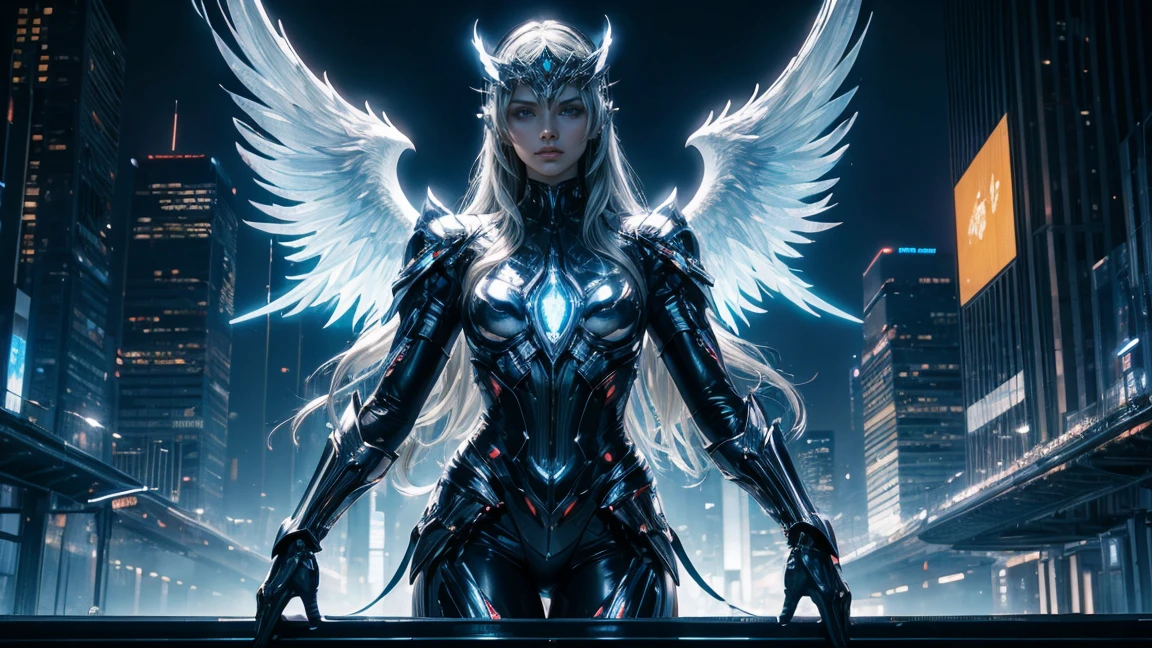 ((masterpiece, Highest quality, Best image quality, High resolution、4k)) One beautiful giant silver angel of justice、Wearing a silver mask、Cyberface、very beautiful、Glowing white giant wings、Glowing halo、Shiny White Cyber Robe、god々Shining with a bright light。Shiny advanced cybernetic enhancements. Seen in dynamic action poses, reflection on a smooth surface. The cityscape below looks small, filled with towering skyscrapers, illuminated by colorful holographic advertisements, Shining with blue energy, Mighty power. 全体的にgod秘的でミステリアスな雰囲気です, It had a futuristic techno vibe.. The lighting is dramatic, Intense highlights and deep shadows, Creates depth and tension、