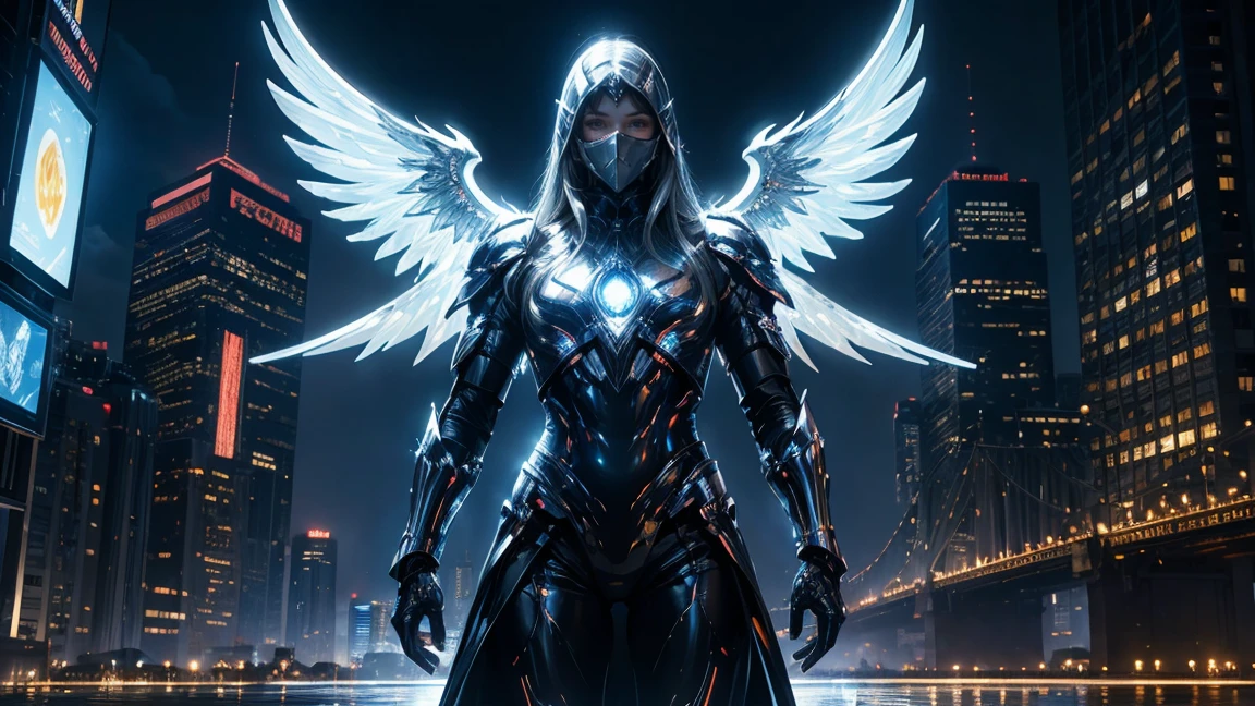 ((masterpiece, Highest quality, Best image quality, High resolution、4k)) One beautiful giant silver angel of justice、Wearing a silver mask、Cyberface、very beautiful、Glowing white giant wings、Glowing halo、Shiny White Cyber Robe、god々Shining with a bright light。Shiny advanced cybernetic enhancements. Seen in dynamic action poses, reflection on a smooth surface. The cityscape below looks small, filled with towering skyscrapers, illuminated by colorful holographic advertisements, Shining with blue energy, Mighty power. 全体的にgod秘的でミステリアスな雰囲気です, It had a futuristic techno vibe.. The lighting is dramatic, Intense highlights and deep shadows, Creates depth and tension、