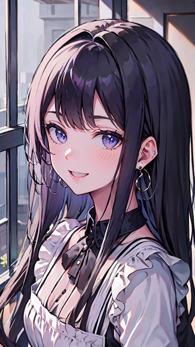 a beautiful woman is wearing a maid outfit standing in a window at night, 1girl, solo, indoors, blue eyes, black hair, apron, smile, maid, looking at viewer, maid headdress, open mouth, long sleeves, window, black dress, :d, bangs, dress, white apron, maid apron, own hands together, blush, sidelocks