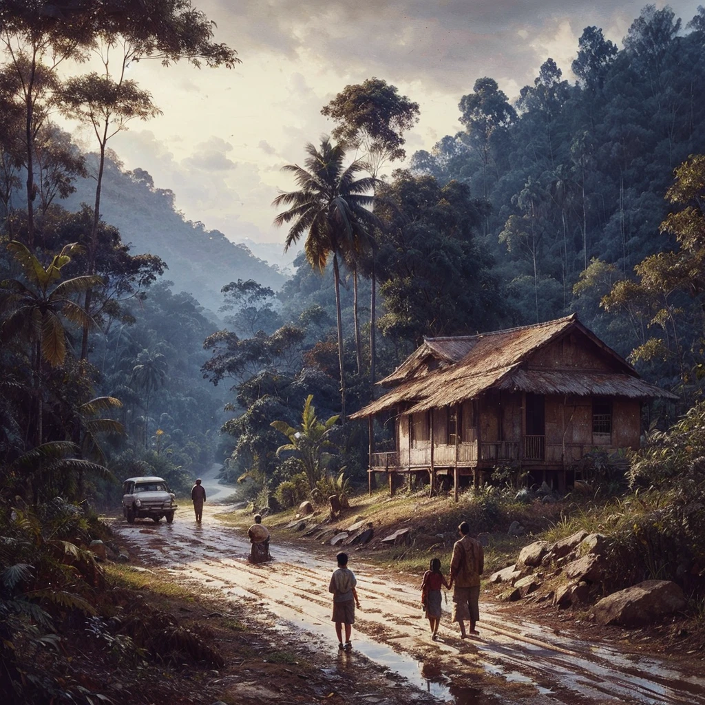 Oil paint splattered era 1960, a view, dirt road junction, There is an open house without a room where 2 people are chatting in the house, There was a man who was walking behind him, there was a woman, samping kanan kiri forest rapat borneo, there is a mountain background, forest, coconut tree, and trees, there is bush grass, ferns plant,very dark night,naturalism,Realism,very dull canvas,basuki abdullah style,Oil paint splashes are intuitive