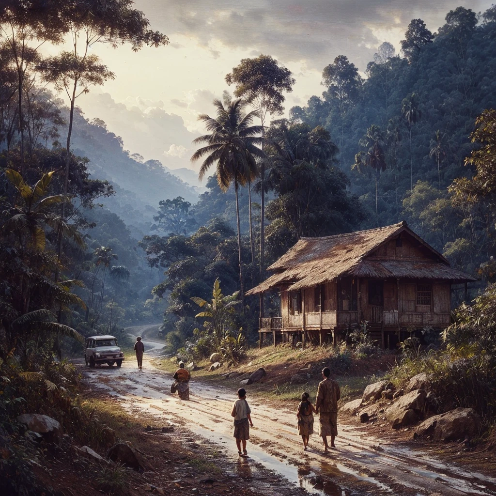 Oil paint splattered era 1960, a view, dirt road junction, There is an open house without a room where 2 people are chatting in the house, There was a man who was walking behind him, there was a woman, samping kanan kiri forest rapat borneo, there is a mountain background, forest, coconut tree, and trees, there is bush grass, ferns plant,very dark night,naturalism,Realism,very dull canvas,basuki abdullah style,Oil paint splashes are intuitive
