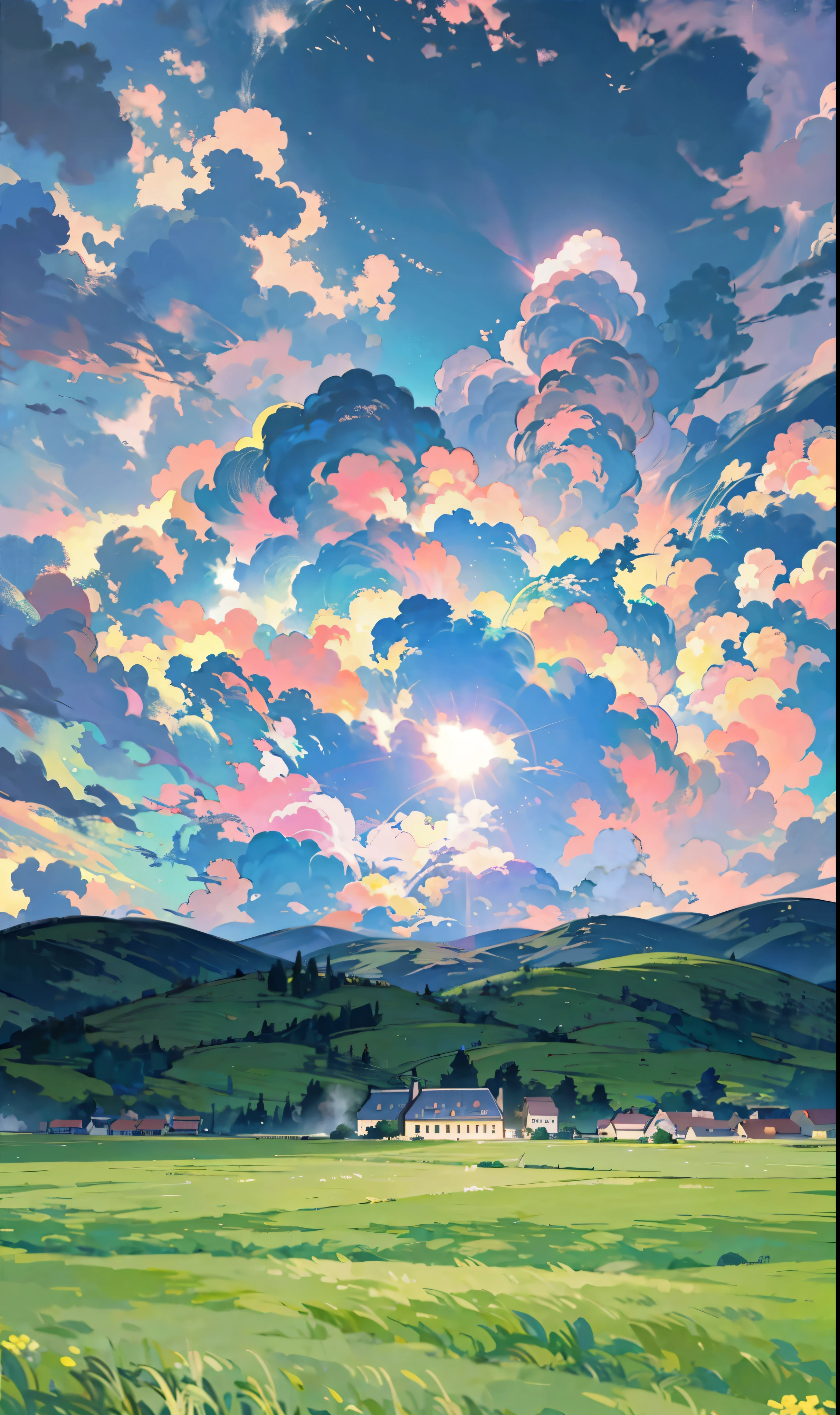 A makoto shinkai style background of a village with rainbow color cloud