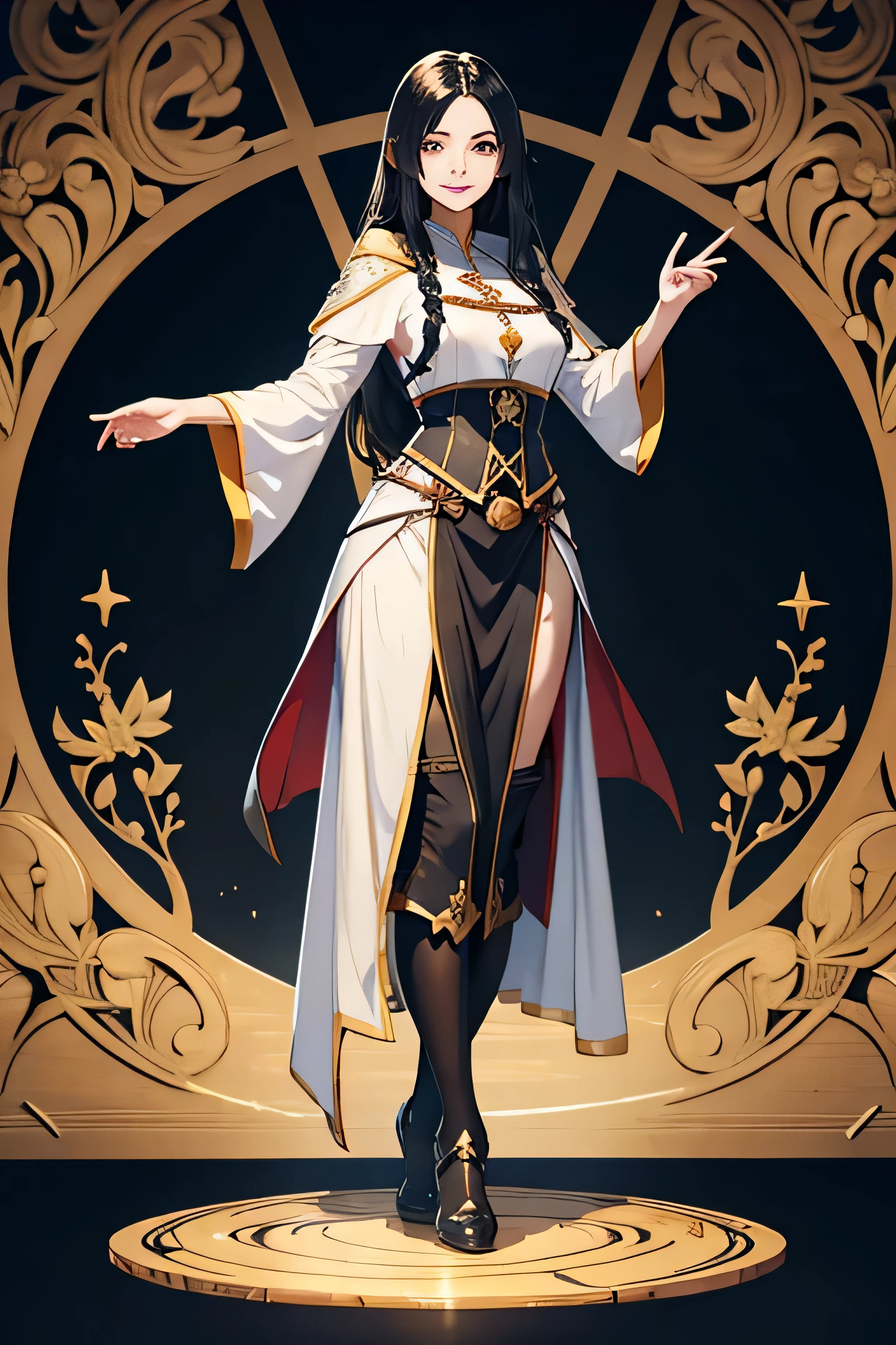 make an illustration of female healer, medieval time, traditional medieval outfit, about 25 years old, long black hair, joy expression, full body, carrying healing potion pose, full posture, high res, ultra sharp, 8K, masterpiece, looking at viewer, perfect finger and hand