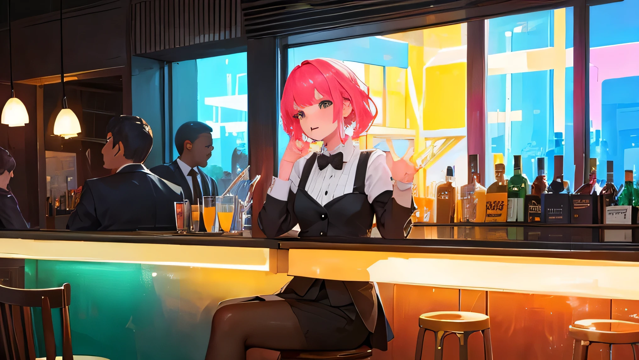 Bright and fun atmosphere，Beautiful girl tipsy at a jazz bar，Relaxed facial expression，Stylish formal wear，high resolution，high quality，８K quality，Beautiful in every detail，