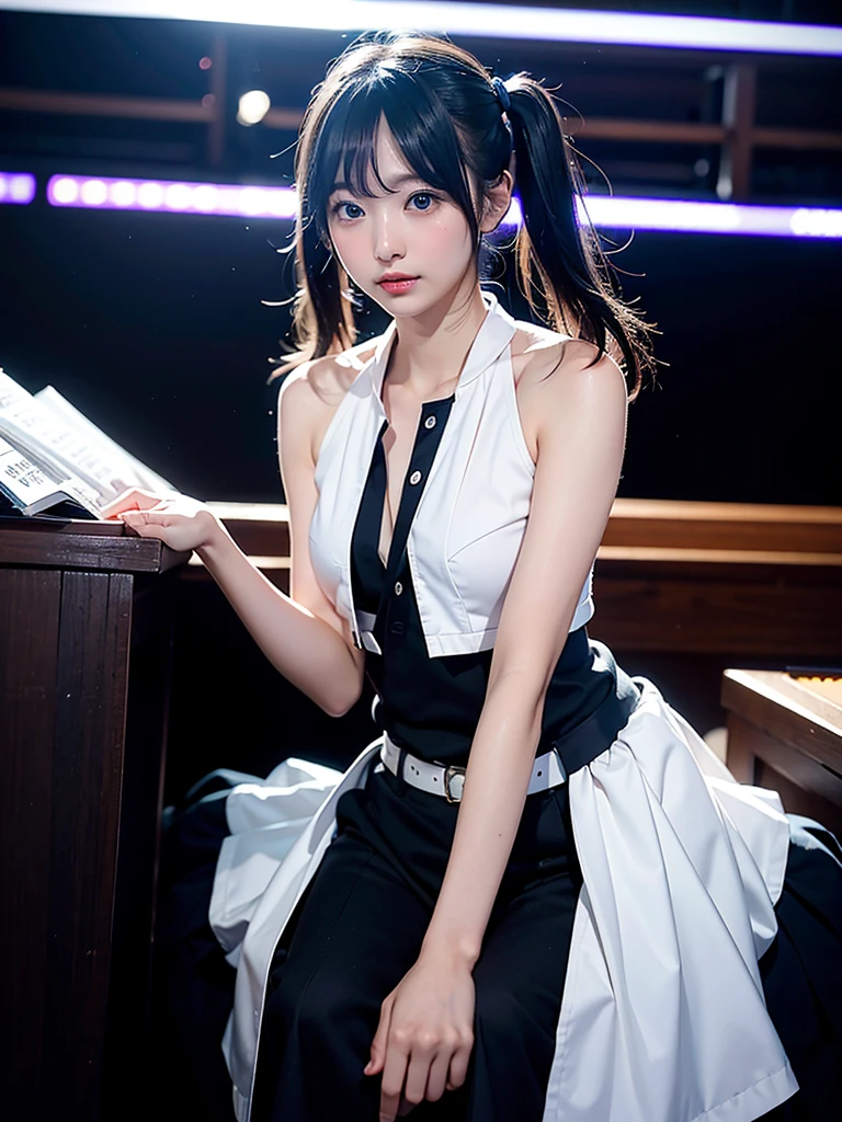 40-year-old Japanese woman、Black Hair、Hair is very short、Twin tails、Hatsune Miku Costume、Headphones、Flat Chest、Realistic photos、Realistic、8K quality、expensive、No bangs、High resolution, Highest quality, Anatomically correct, Winner of numerous awards, Ultra high definition, Live Performance Venues、Playing the piano、Wide-angle shot,