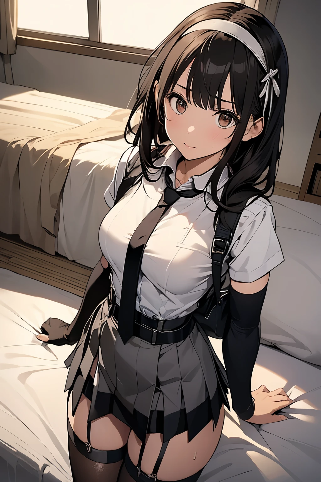 1 female, , high quality, masterpiece, Ultra-high resolution, , Cinema Lighting, , , And the suspenders with the cranes flying Moderate breasts Large Breasts Small face holster Lying in bed Looking up Sweat belt summer 脇Sweat Black Hole Gloves suit garterbelt Leg Links ズボンにbelt holster Hands behind your back Anxious expression Looking up Anxious face Knee-high Knee socks Knee-highソックス garterbelt garter ふとももにgarterbelt Checkered mini skirt Necktie Headband ribbon