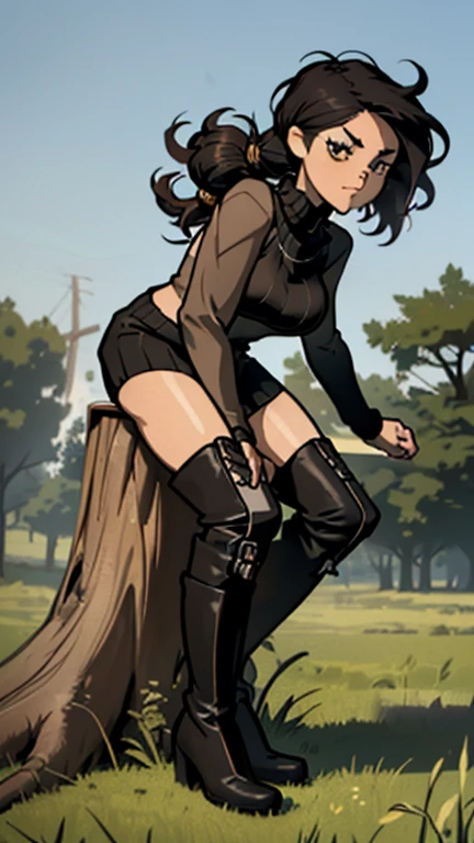 (detailed), (((normal girl))), (Arabic characteristics), ((brown sheepskin jacket)), ((pelo negro rizado free hair)), ((free hair)), (calm face), ((by the width)), ((black high boots)), (((whole body))), ((in the middle of a field leaning on a tree), ((woman)), (black turtleneck sweater), ((only one person)), (at midday)