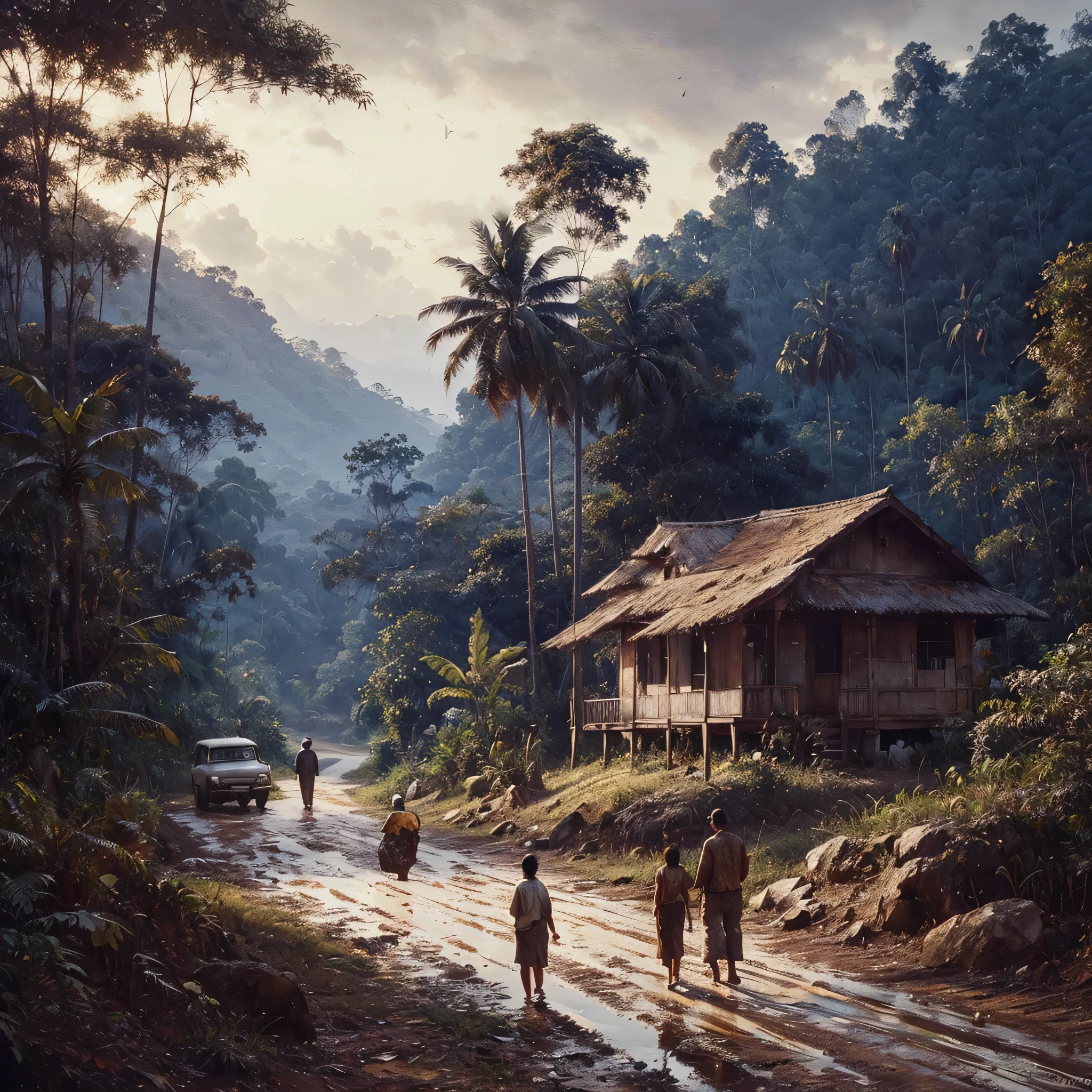 Oil paint splattered era 1960, a view, dirt road junction, There is an open house without a room where 2 people are chatting in the house, There was a man who was walking behind him, there was a woman, samping kanan kiri forest rapat borneo, there is a mountain background, forest, coconut tree, and trees, there is bush grass, ferns plant,very dark night,naturalism,Realism,very dull canvas,basuki abdullah style,Oil paint splashes are intuitive