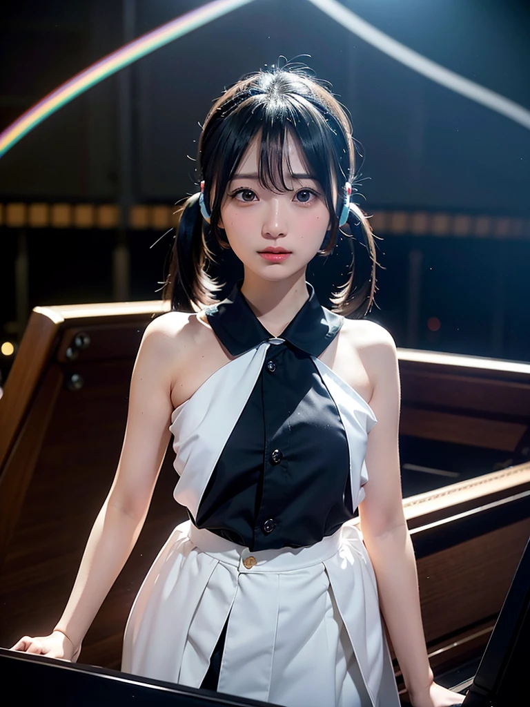 40-year-old Japanese woman、Black Hair、Hair is very short、Twin tails、Hatsune Miku Costume、Headphones、Flat Chest、Realistic photos、Realistic、8K quality、expensive、No bangs、High resolution, Highest quality, Anatomically correct, Winner of numerous awards, Ultra high definition, Live Performance Venues、Playing the piano、Wide-angle shot, Rainbowな背景、Rainbow、