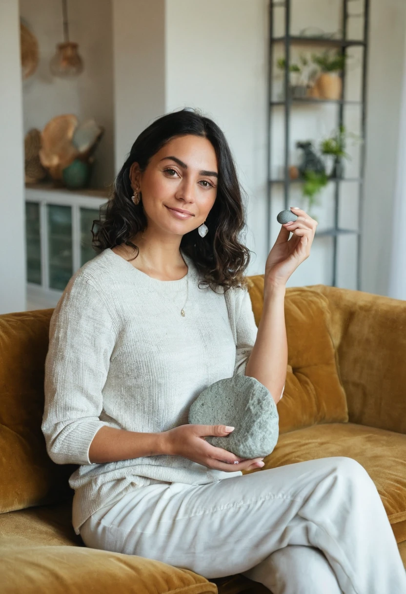 create an image with a woman with a stone in her hand, sitting on a sofa in the living room of a house.