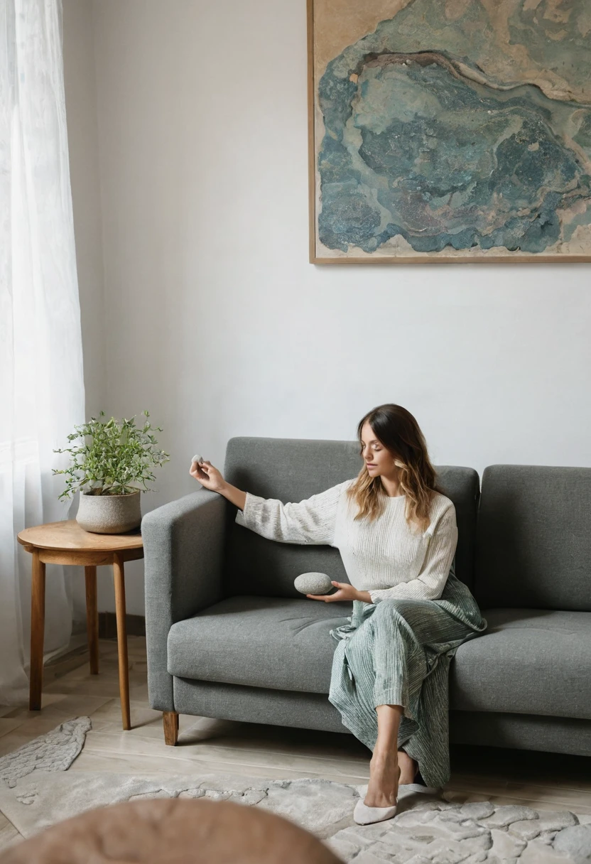 create an image with a woman with a stone in her hand, sitting on a sofa in the living room of a house.