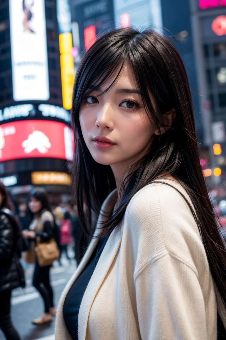 A woman looks super-realistic at the camera, good, Skin Texture, pound, Movie angle, The real picture, Black hair, background is Shibuya Scramble Crossing, Draw the viewer&#39;s attention to the central female character. Open your eyes and stare at the camera