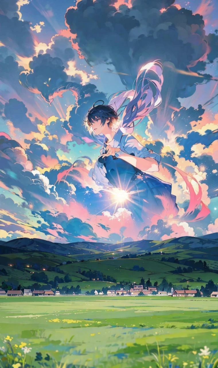 A makoto shinkai style background of a village with Iridescent clouds