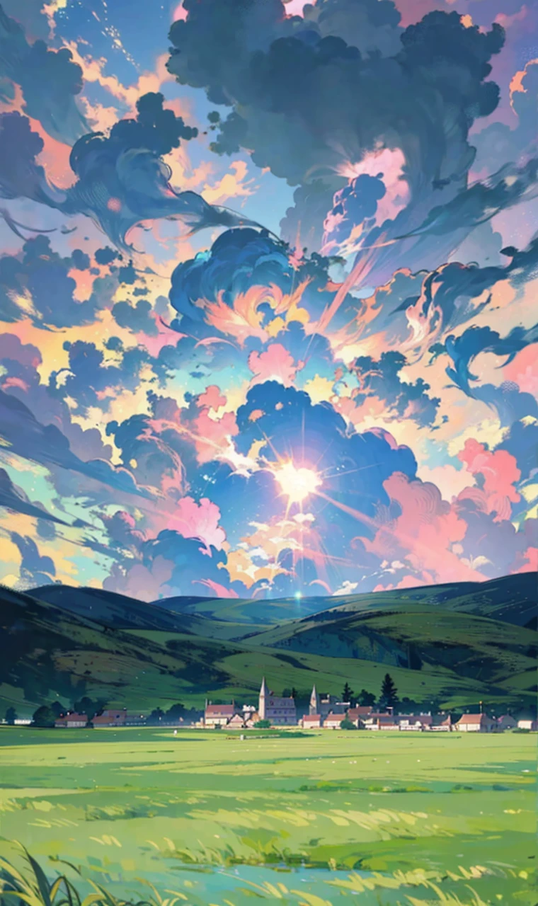 A makoto shinkai style background of a village with Iridescent clouds