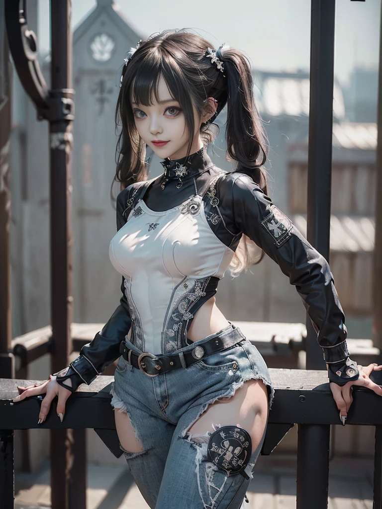 (Full body view:1.4)、(Full Body View:1.2)、(Smiling with teeth showing:1.3),(Shibuya Gal:1.5)、(Gothic ta style fashion:1.5)、(Punk RockVisual Kei:1.5)、(Wearing a rhythmic gymnastics bodysuit with intricate details:1.4)、(Racing suit and pants with delicate decorations in white, denim and charcoal:1.5)、(Denim and light blue and white boots:1.3)、((belt))、(Numerous delicate logo marks all over the costume:1.4)、(collar:1.3)、(Striped underwear:1.5)、20-year-old、NSFW、((Highest quality、In 8K、masterpiece:1.3))、Sharp focus:1.2、(Layered Cut、Huge boobs:1.1),Beautiful woman with perfect figure:1.4、(Dancing vigorously:1.3)、Slender Abs:1.2、Highly detailed face and skin texture、Detailed eyes、double eyelid,(Twin tails:1.3)、(Brown Hair:1.3)、Gravure idol、(The background is the stage of the fashion show:1.3)、(Slim Body:1.3),(Make your legs thinner:1.4),(clavicle:1.1)、(Thin and slim thighs:1.3)