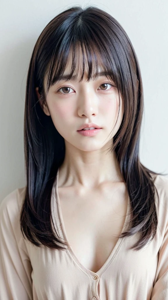 (highest quality、8k、32K、masterpiece、nffsw:1.2)、photo of cute japanese woman、Taken in front of a white wall、Photographed in natural light、Upper body、surface focus、long sleeve shirt、simple necklace、From above、mix 4、(8k、Raw photo、highest quality、masterpiece:1.2)、(realistic、Photoreal:1.37)、1 girl、photon mapping、Physically based rendering、excellent image quality、High resolution、1080p、(clean face)、(Detailed facial description)、(detailed description of handasseter muscle part)、(Detailed CG)、 extreme light and shadow、hair is dirty、masterpiece、rich details、(exquisite features)、(best image quality)、(masterpiece)、(detailed eye)、looking forward to your eyes、delicate clavicle、Various poses