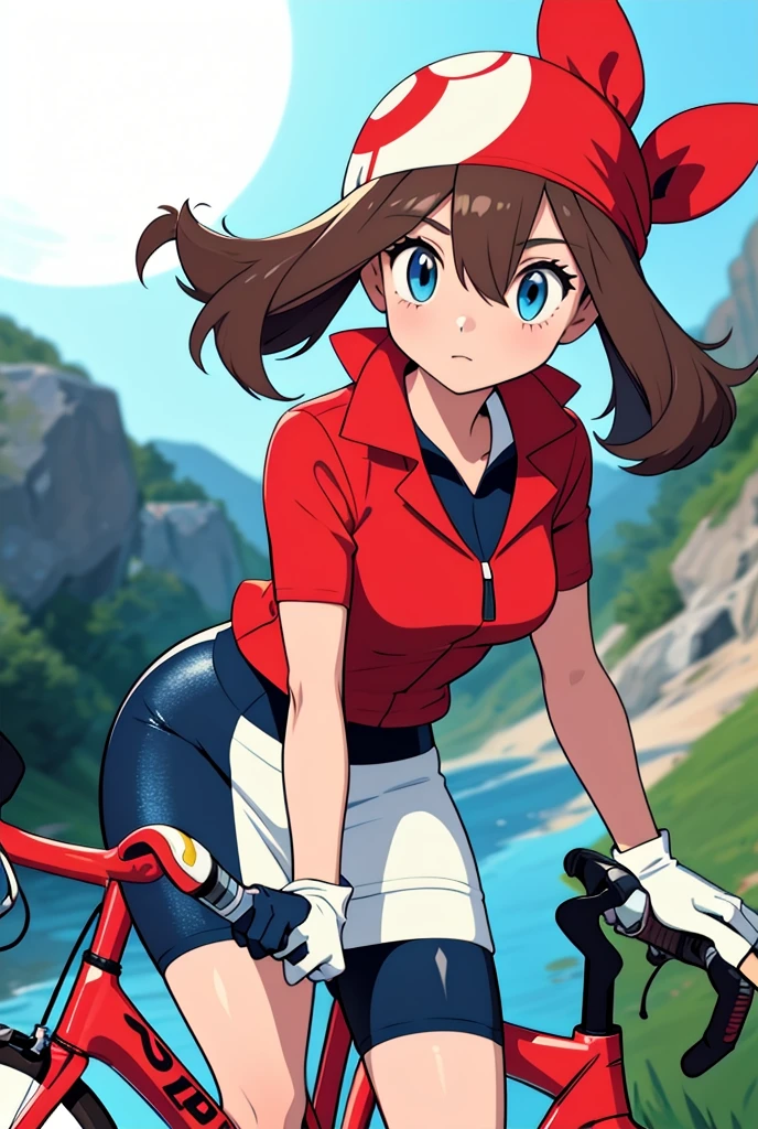 (masterpiece, best quality), 1girl,    pkmnmay, 1girl, solo, blue eyes, brown hair, bangs, hair between eyes, red bandana,, short sleeves, red jacket, wing collar, white skirt, black shorts, bike shorts, bike shorts under skirt, white gloves, black gloves, two-tone gloves,