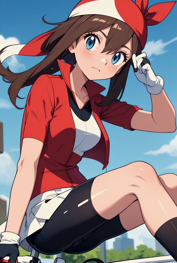 ,may \(pokemon\), bandana, shirt, skirt, bike shorts, gloves, fanny pack,1girl,bike shorts,brown hair,eyelashes,grey eyes,leg hold,looking at viewer,medium breasts,sleeveless shirt,red shirt,bike shorts under shorts,blue eyes,red hairband,white shortssolo,