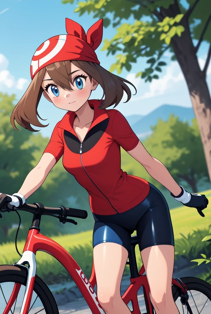 (masterpiece, best quality), 1girl, pkmnmay, 1girl, solo, blue eyes, brown hair, bangs, hair between eyes, red bandana,, short sleeves, red jacket, wing collar, white skirt, black shorts, bike shorts, bike shorts under skirt, white gloves, black gloves, two-tone gloves,