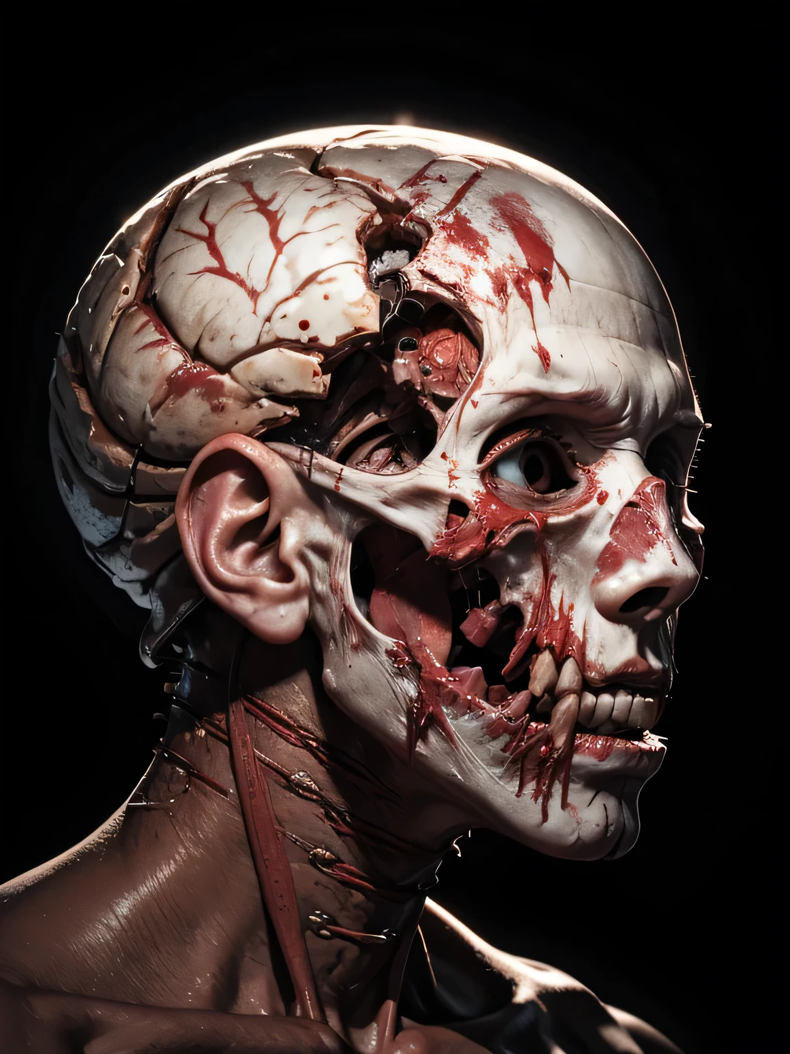 Dissected head, showing bloodied brain, spine and eyes, screaming