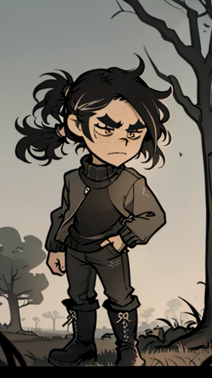 (detailed), (((normal guy))), (Arabic characteristics), ((brown sheepskin jacket)), ((pelo negro rizado ponytail hairstyle)), ((ponytail hairstyle)), (calm face), ((by the width)), ((black high boots)), (((whole body))), ((in the middle of a field leaning on a tree), ((male)), (black turtleneck sweater), ((only one person)), (at night)