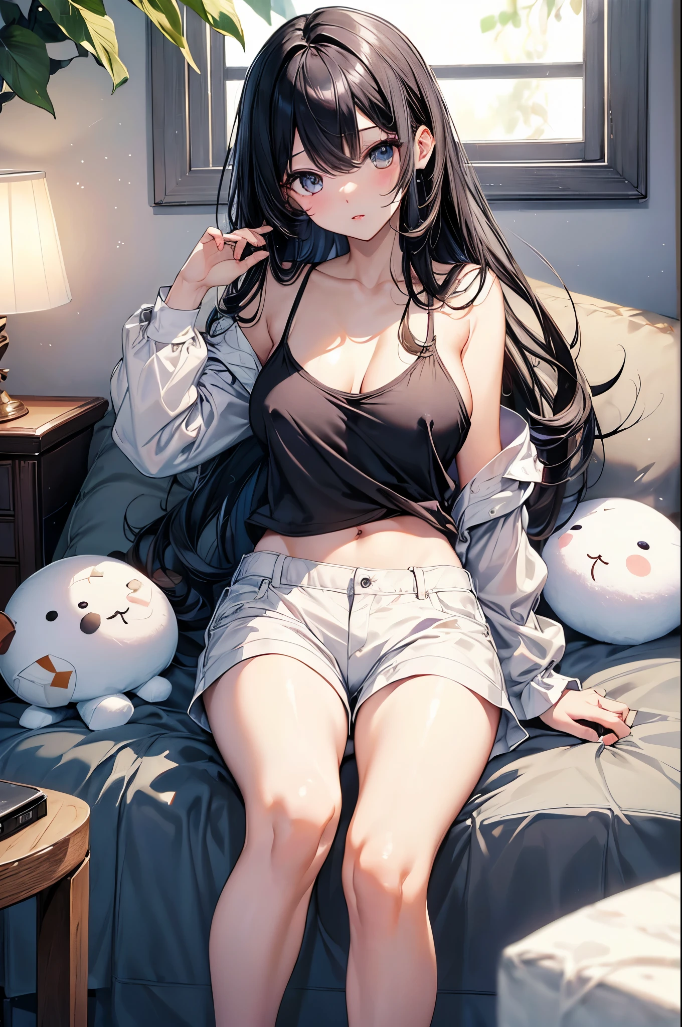 ((Highest quality))、((masterpiece))、(detailed)、((Anatomically correct))、(High resolution、8k)、(Beautiful Skin:1.1)、One woman、Look at me、Shiny black hair、long hair、Straight Hair、(Beautiful eyes:1.2)、White camisole、Erect nipples、Shorts、White Room、stuffed toy、window