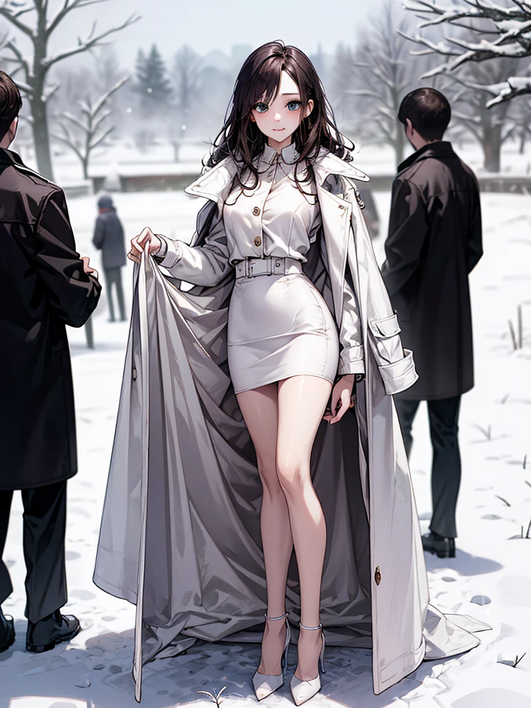 (Correct number of limbs)、Full body, including face、4K、masterpiece、Focus on the face、Well-proportioned facial features、Delicate descriptive eyes、One beautiful woman、Excellent style、(White coat、Pencil Skirt、High heels)、Photos with white borders、Looking into the camera、On the snow、Shooting from an angle、Panty shot、