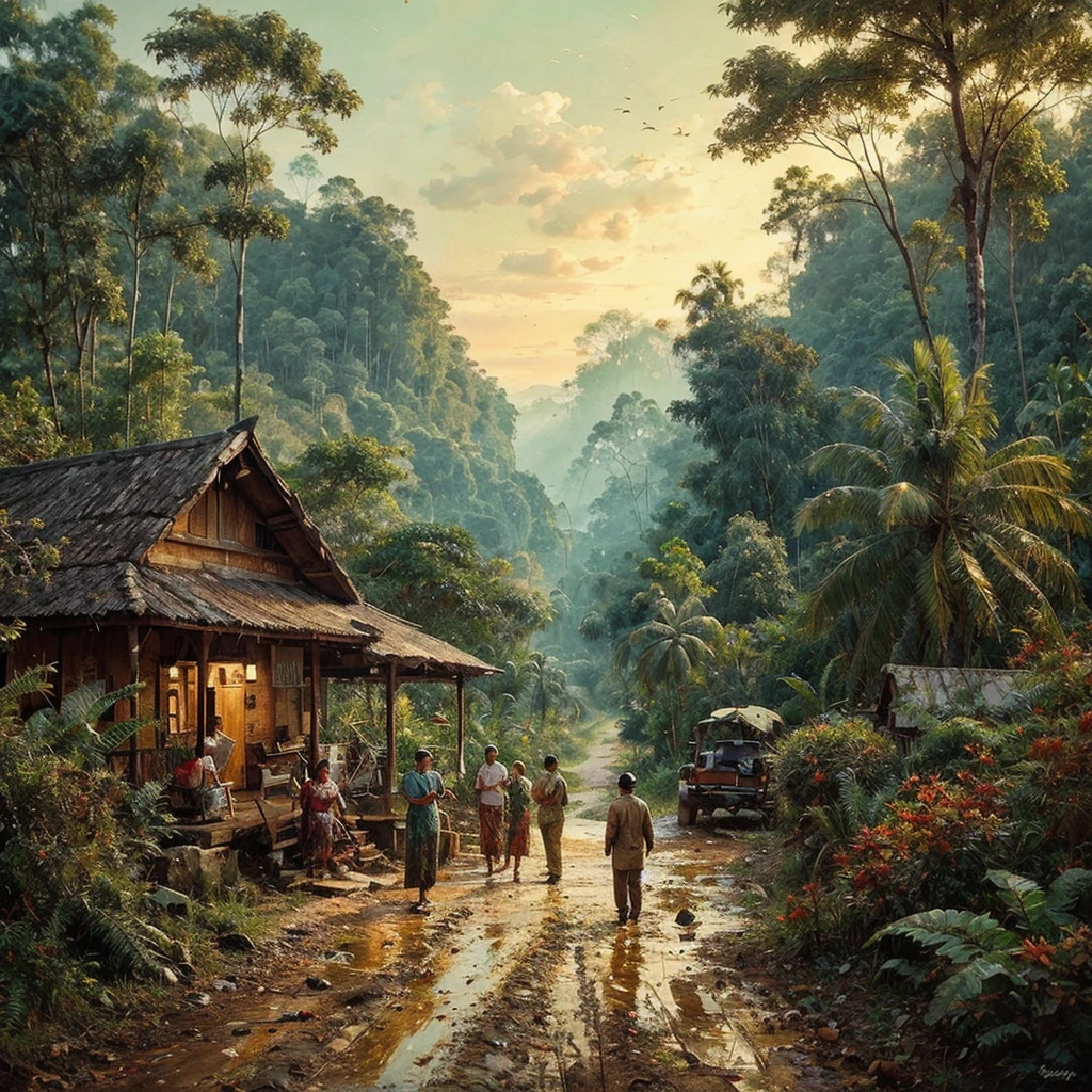 Oil paint splattered era 1960, a view, dirt road junction, There is an open house without a room where 2 people are chatting in the house, There was a man who was walking behind him, there was a woman, samping kanan kiri forest rapat borneo, there is a mountain background, forest, coconut tree, and trees, there is bush grass, ferns plant,very dark night,naturalism,Realism,very dull canvas,basuki abdullah style,Oil paint splashes are intuitive