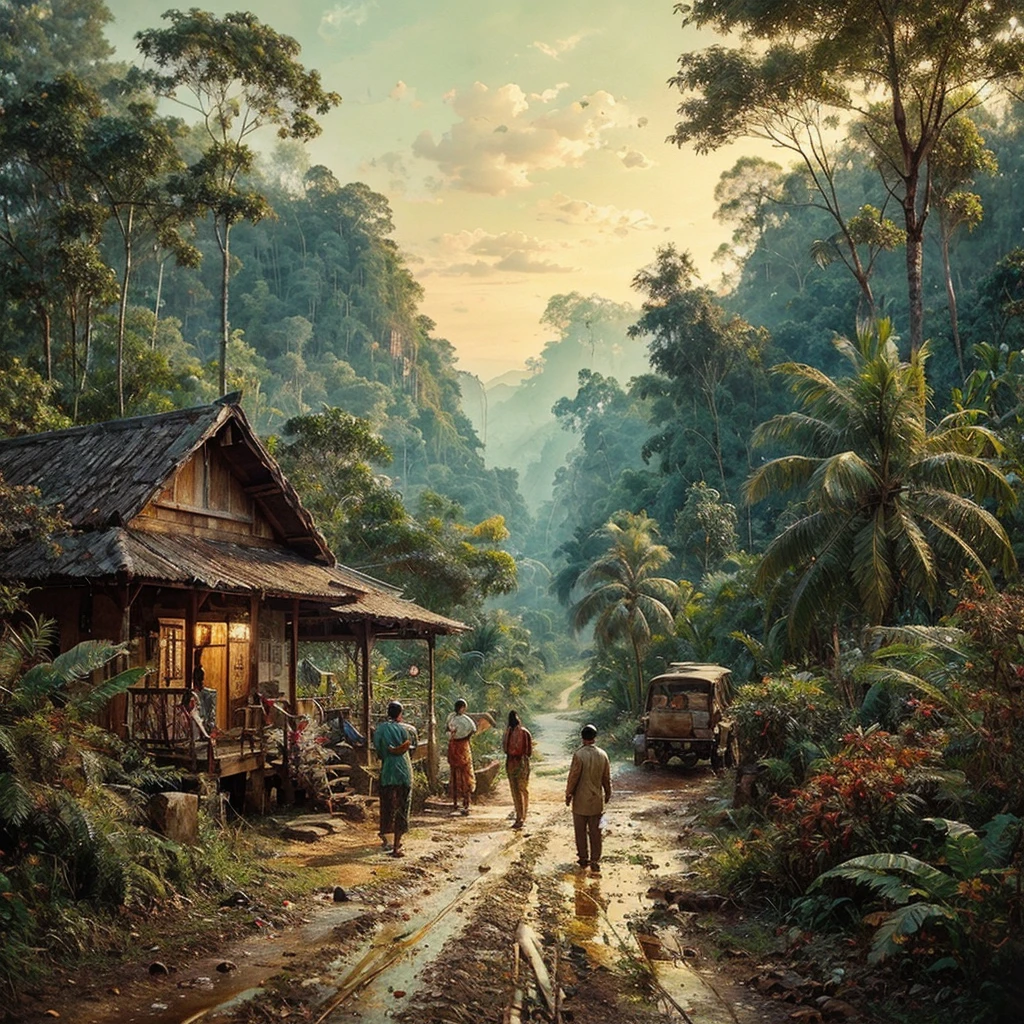 Oil paint splattered era 1960, a view, dirt road junction, There is an open house without a room where 2 people are chatting in the house, There was a man who was walking behind him, there was a woman, samping kanan kiri forest rapat borneo, there is a mountain background, forest, coconut tree, and trees, there is bush grass, ferns plant,very dark night,naturalism,Realism,very dull canvas,basuki abdullah style,Oil paint splashes are intuitive