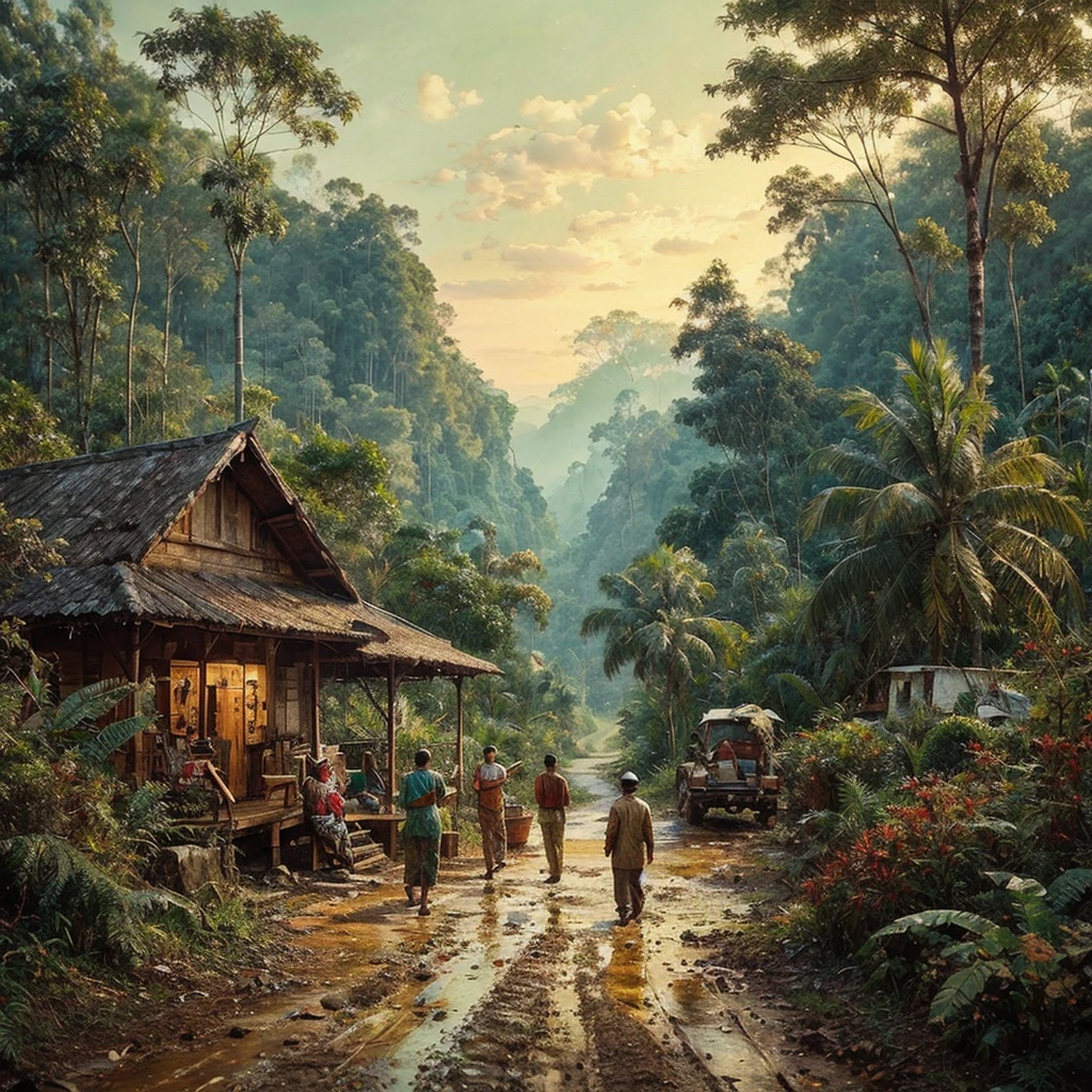 Oil paint splattered era 1960, a view, dirt road junction, There is an open house without a room where 2 people are chatting in the house, There was a man who was walking behind him, there was a woman, samping kanan kiri forest rapat borneo, there is a mountain background, forest, coconut tree, and trees, there is bush grass, ferns plant,very dark night,naturalism,Realism,very dull canvas,basuki abdullah style,Oil paint splashes are intuitive