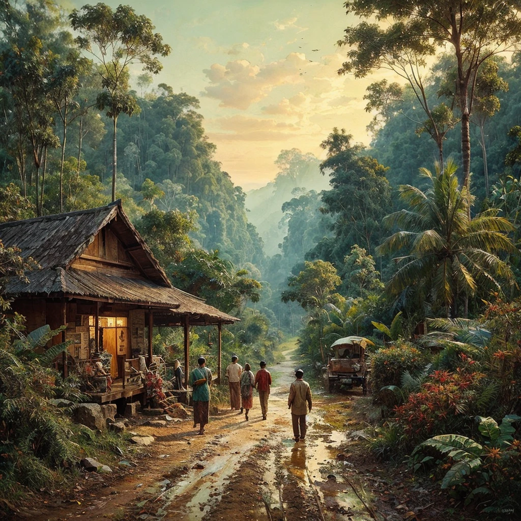 Oil paint splattered era 1960, a view, dirt road junction, There is an open house without a room where 2 people are chatting in the house, There was a man who was walking behind him, there was a woman, samping kanan kiri forest rapat borneo, there is a mountain background, forest, coconut tree, and trees, there is bush grass, ferns plant,very dark night,naturalism,Realism,very dull canvas,basuki abdullah style,Oil paint splashes are intuitive