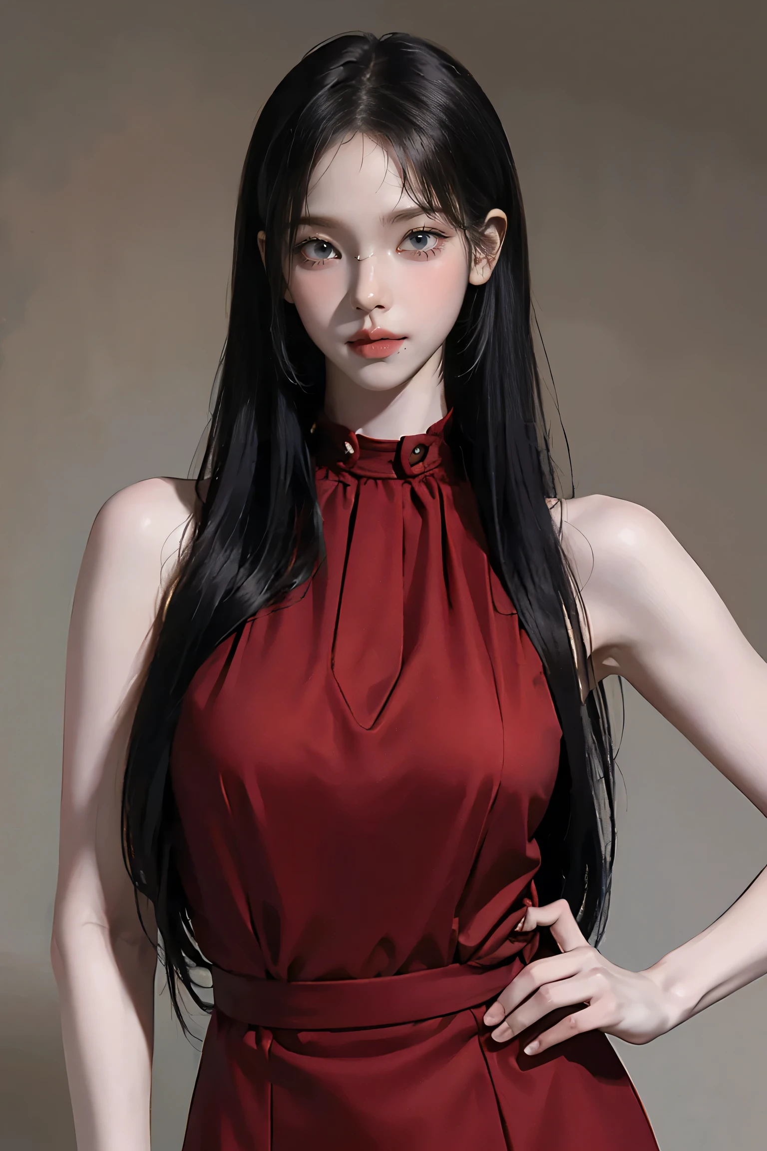 girl, Black Hair, (1980s Style), ((Red sleeveless dress)), Big Breasts,Long Hair, (NSFW:1.0),Tall Supermodels、Long-legged supermodel、supermodel,((Highest quality、Best image quality、Ultra-high resolution、Drawing with Ultra-high resolution、Very beautiful adult Nordic woman、Strong eye highlights))