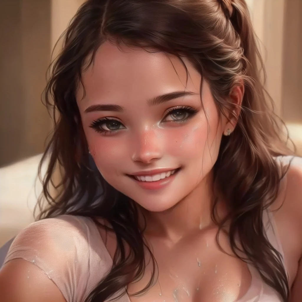 a girl covered in sweat, smiling happily, detailed portrait, beautiful young woman, detailed eyes and lips, radiant skin, athletic, glowing skin, wet hair, shiny skin, flushed cheeks, natural lighting, soft focus, warm colors, detailed facial features, masterpiece, high resolution, photorealistic