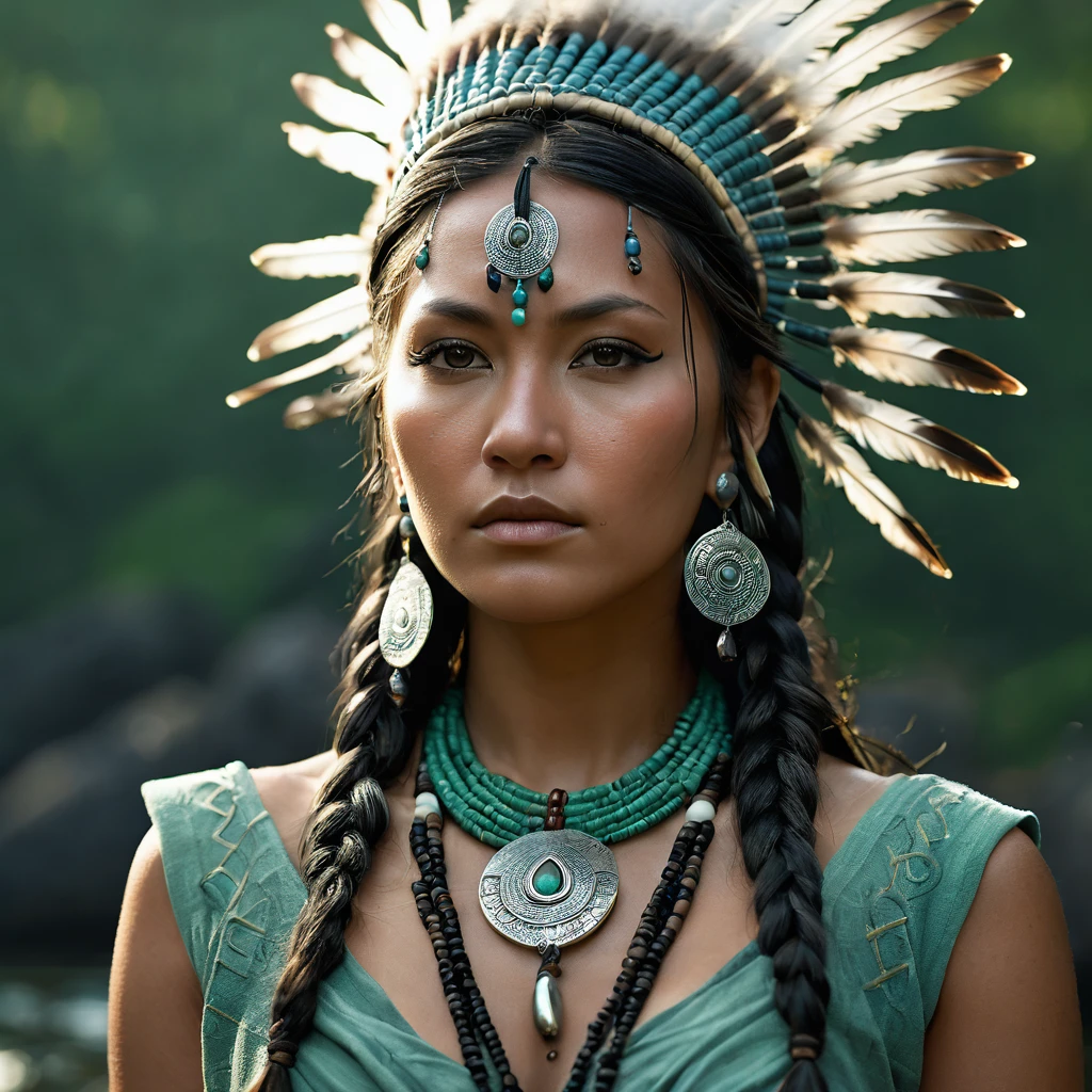 (full portrait), solo, detailed background, detailed face, (stonepunkAI, stone theme:1.1), wise, (female), (native american), (beautiful hair, braids:0.2), shaman, septum piercing, mystical, (gorgeous face), stunning, head tilted upwards, (looking at viewer, serene expression), calm, meditating, Seafoam Green frayed clothes, prayer beads, tribal jewelry, feathers in hair, headdress:0.33, jade, obsidian, detailed clothing, deep cleavage, realistic skin texture, (floating particles, water swirling, embers, ritual, whirlwind, wind:1.2), sharp focus, volumetric lighting, good highlights, good shading, subsurface scattering, intricate, highly detailed, ((cinematic)), dramatic, (highest quality, award winning, masterpiece:1.5), (photorealistic:1.5), (intricate symmetrical warpaint:0.5),