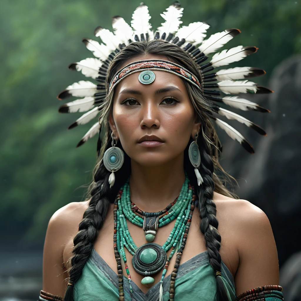 (full portrait), solo, detailed background, detailed face, (stonepunkAI, stone theme:1.1), wise, (female), (native american), (beautiful hair, braids:0.2), shaman, septum piercing, mystical, (gorgeous face), stunning, head tilted upwards, (looking at viewer, serene expression), calm, meditating, Seafoam Green frayed clothes, prayer beads, tribal jewelry, feathers in hair, headdress:0.33, jade, obsidian, detailed clothing, deep cleavage, realistic skin texture, (floating particles, water swirling, embers, ritual, whirlwind, wind:1.2), sharp focus, volumetric lighting, good highlights, good shading, subsurface scattering, intricate, highly detailed, ((cinematic)), dramatic, (highest quality, award winning, masterpiece:1.5), (photorealistic:1.5), (intricate symmetrical warpaint:0.5),